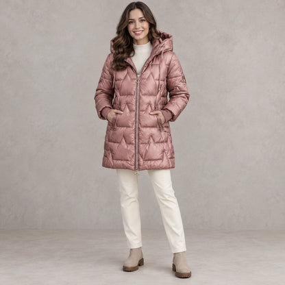 puffer jacket — Full front view; Metallic Rose; complete product worn by a happy adult model — view 2