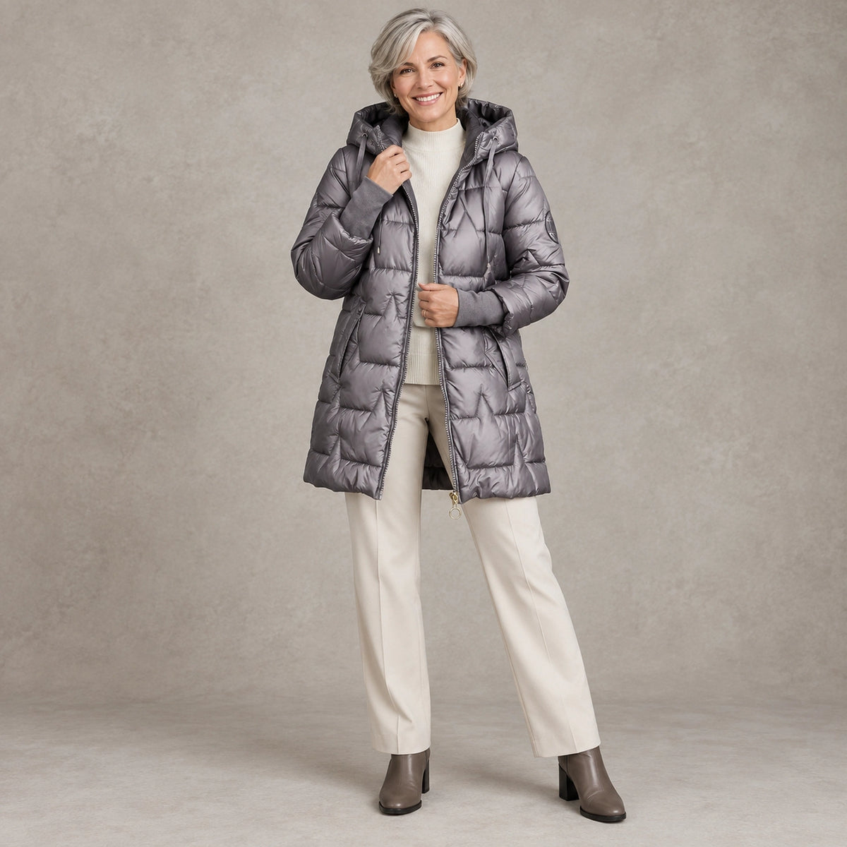 puffer jacket — Full front view; Metallic Gray; complete product worn by a happy adult model — view 3