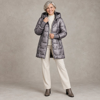 puffer jacket — Full front view; Metallic Gray; complete product worn by a happy adult model — view 3