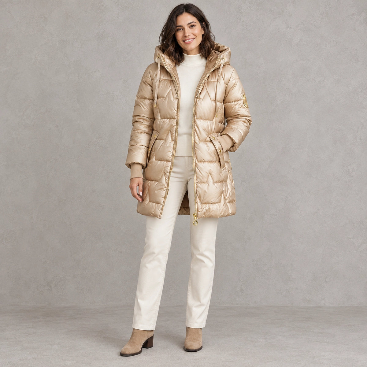 puffer jacket — Full front view; Champagne Gold; complete product worn by a happy adult model — view 4