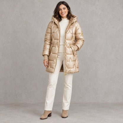 puffer jacket — Full front view; Champagne Gold; complete product worn by a happy adult model — view 4