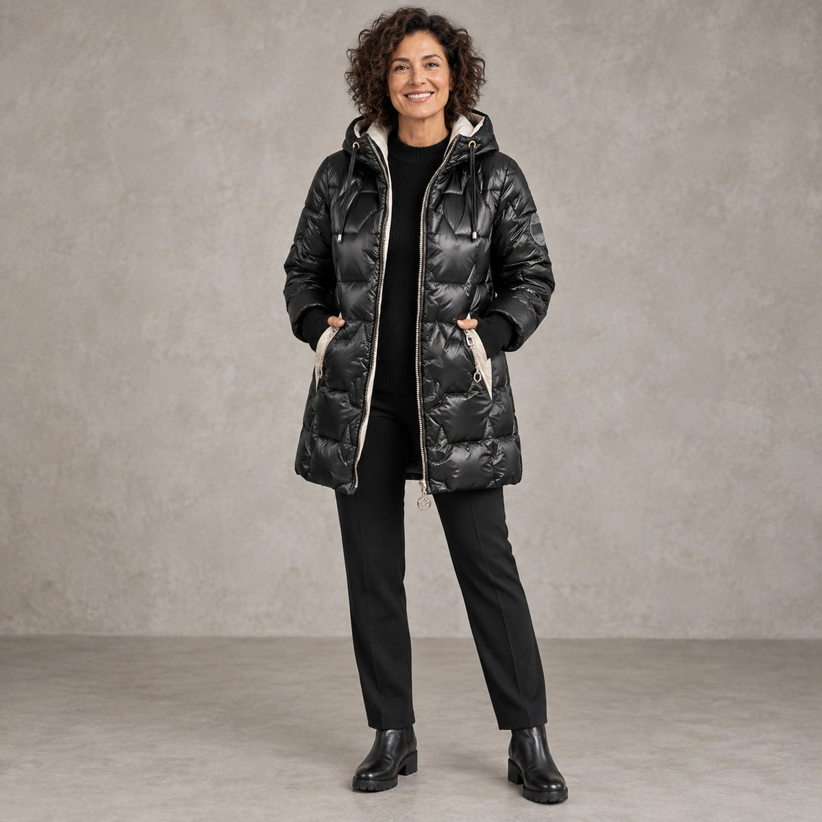 puffer jacket — Full front view; Black; complete product worn by a happy adult model — view 5