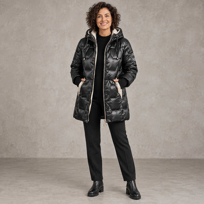 puffer jacket — Full front view; Black; complete product worn by a happy adult model — view 5