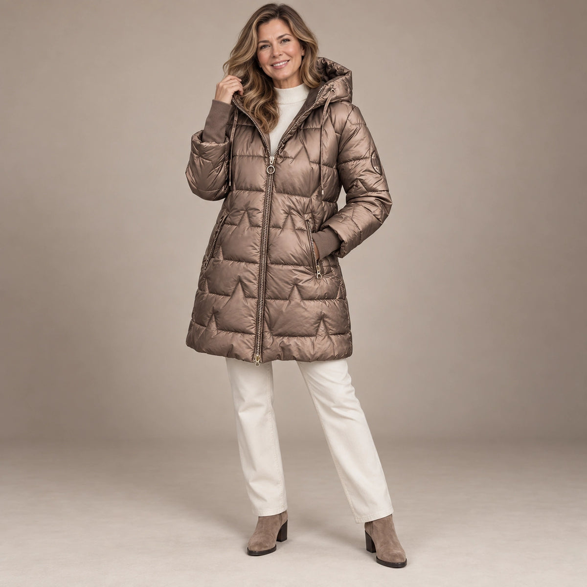 puffer jacket — Usa and Canada October–December alternate angle; Metallic Bronze; complete product worn by a happy — view 7