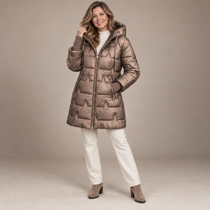 puffer jacket — Usa and Canada October–December alternate angle; Metallic Bronze; complete product worn by a happy — view 7