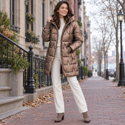 puffer jacket — Usa and Canada October–December 1; Metallic Bronze; complete product worn by a happy adult model — view 8