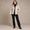 puffer jacket — Image; full front view; Khaki; complete product worn by a happy adult model