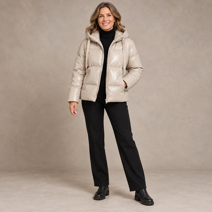 puffer jacket — Image; full front view; Khaki; complete product worn by a happy adult model