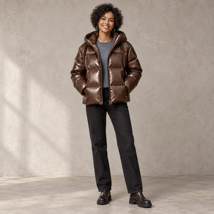 puffer jacket — Full front view; Brown; complete product worn by a happy adult model — view 2