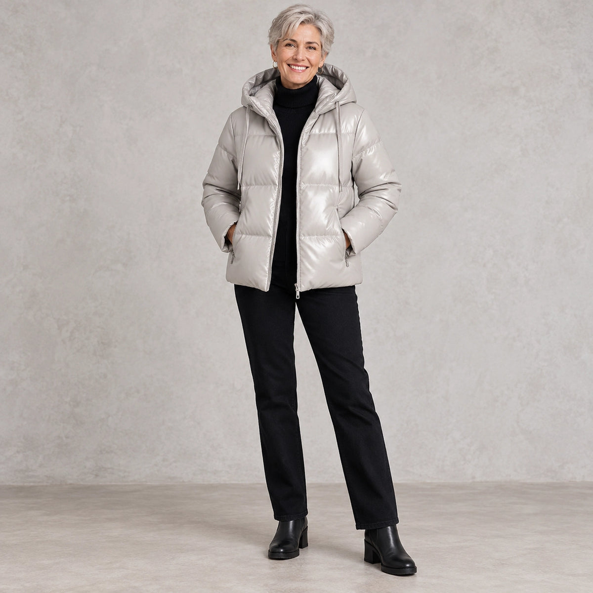 puffer jacket — Full front view; Pearl Gray; complete product worn by a happy adult model — view 3