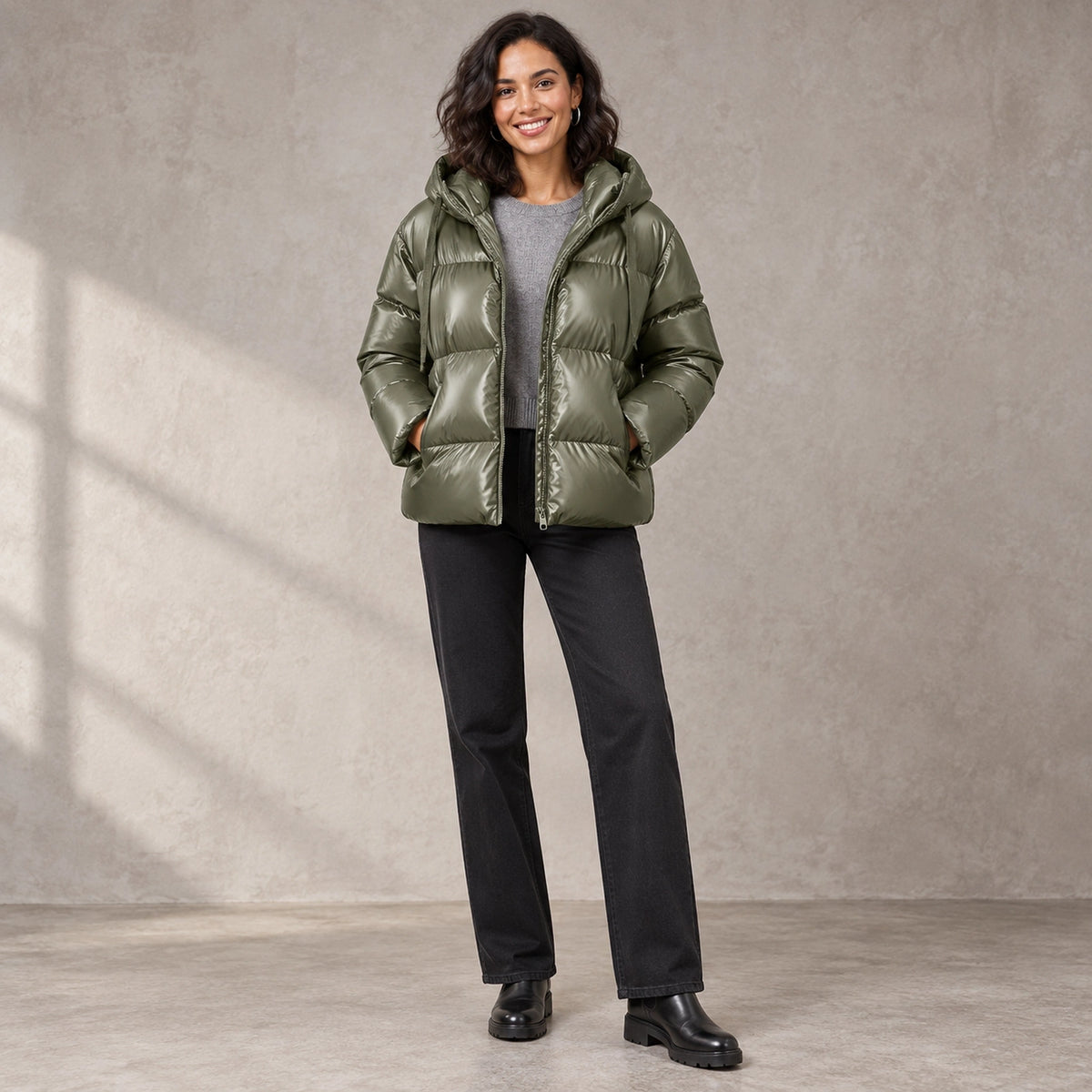 puffer jacket — Full front view; Olive Green; complete product worn by a happy adult model — view 4