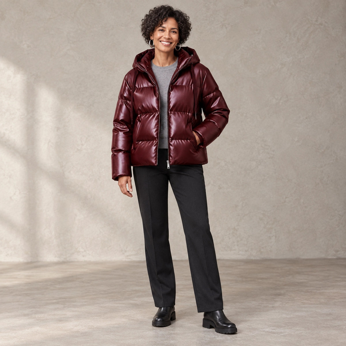 puffer jacket — Full front view; Burgundy; complete product worn by a happy adult model — view 5