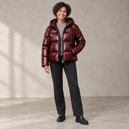 puffer jacket — Full front view; Burgundy; complete product worn by a happy adult model — view 5