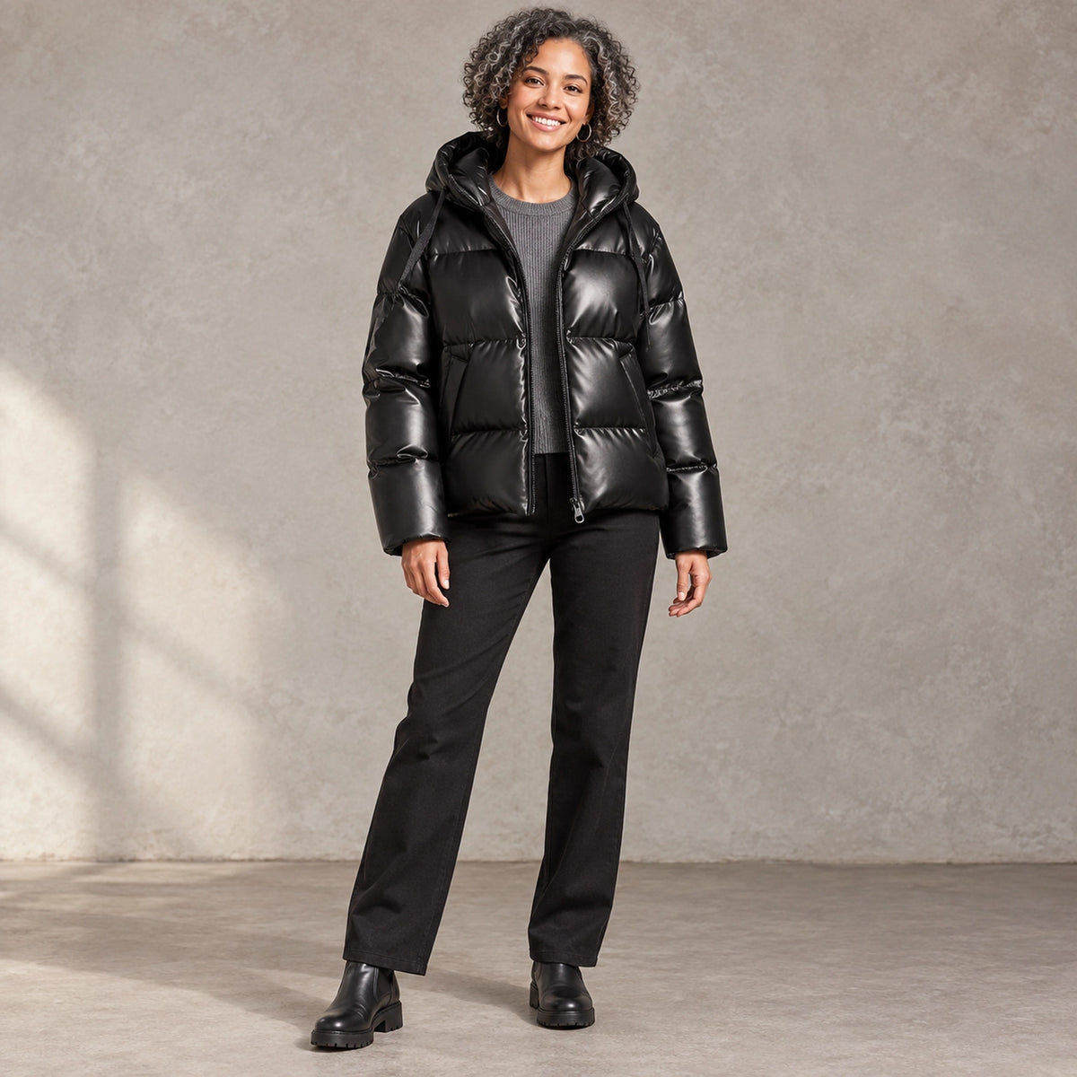 puffer jacket — Full front view; Black; complete product worn by a happy adult model — view 6
