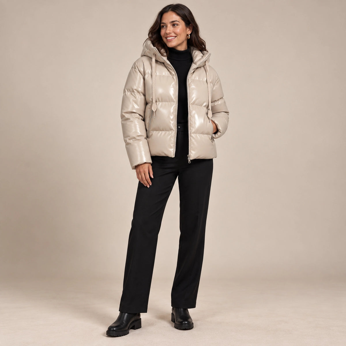 puffer jacket — Usa and Canada October–December alternate angle; Khaki; complete product worn by a happy adult model — view 8
