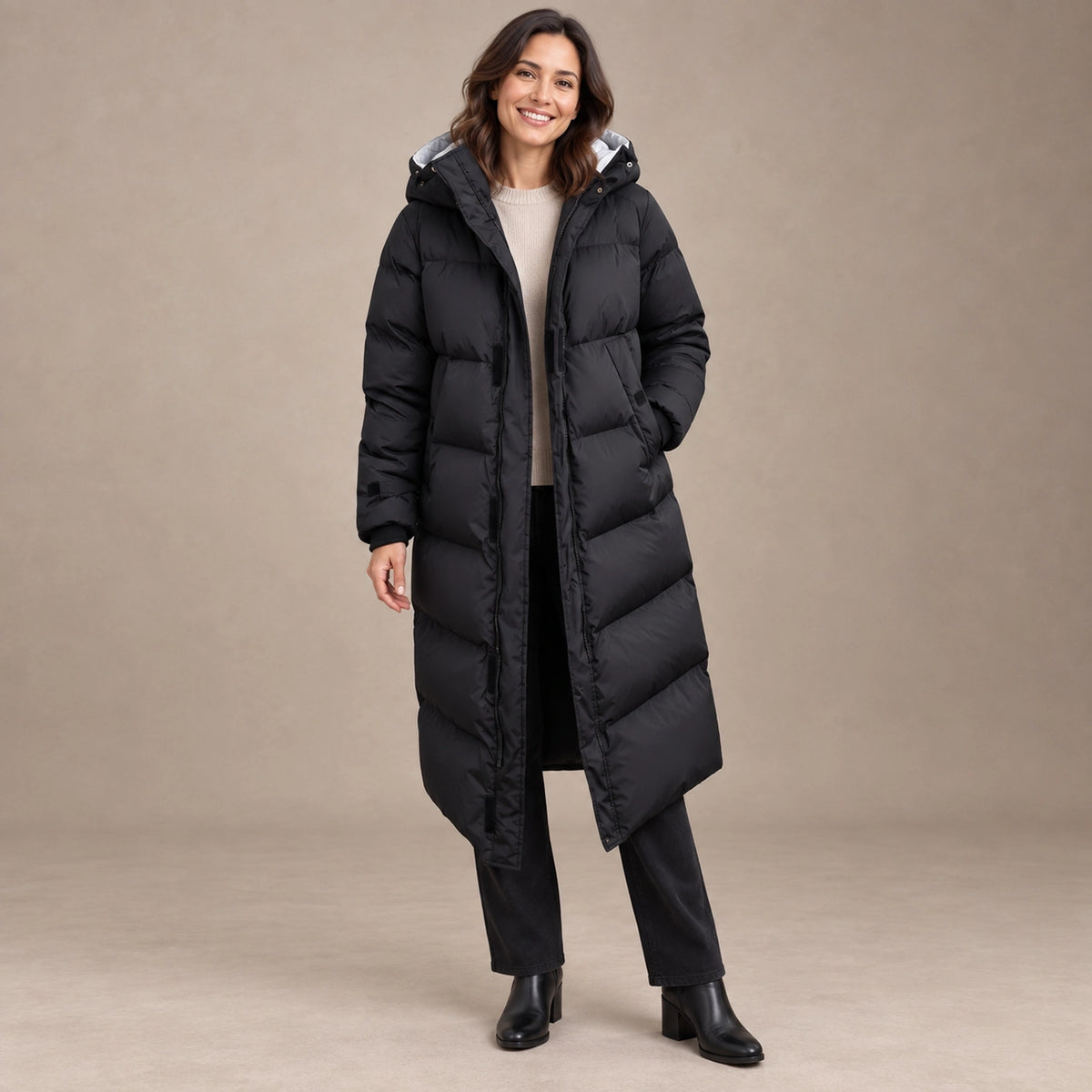 puffer jacket — Image; full front view; Black; complete product worn by a happy adult model