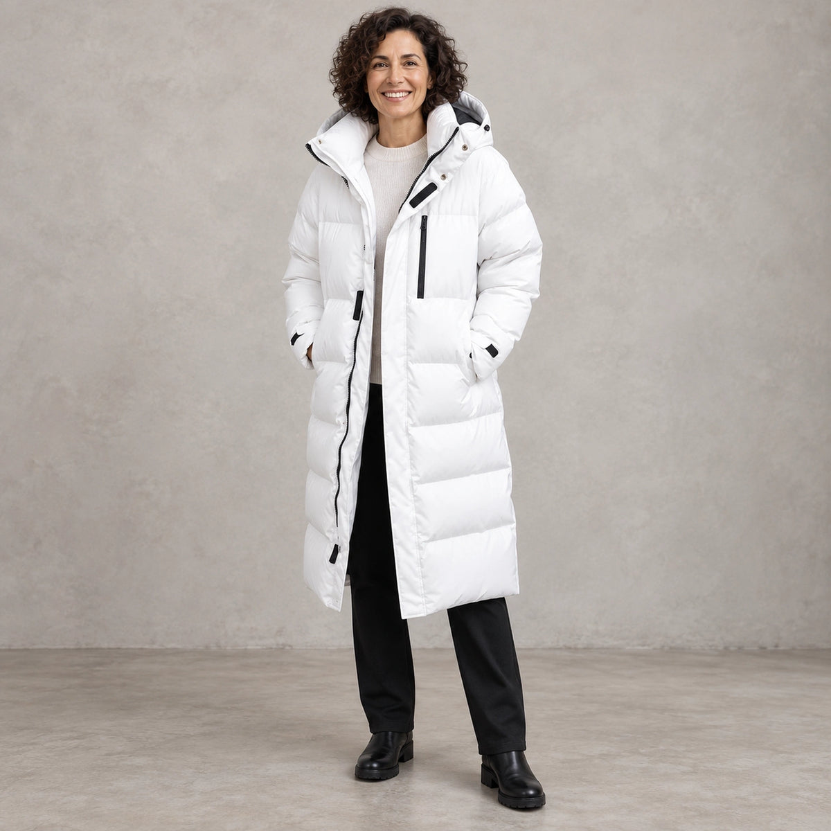 puffer jacket — Full front view; White; complete product worn by a happy adult model — view 2