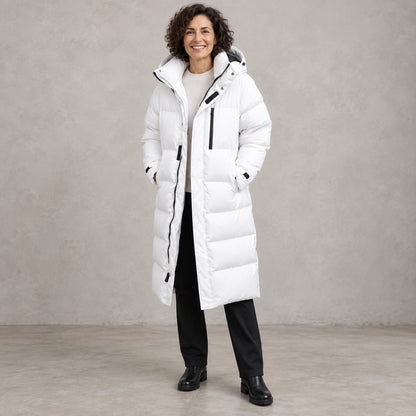 puffer jacket — Full front view; White; complete product worn by a happy adult model — view 2
