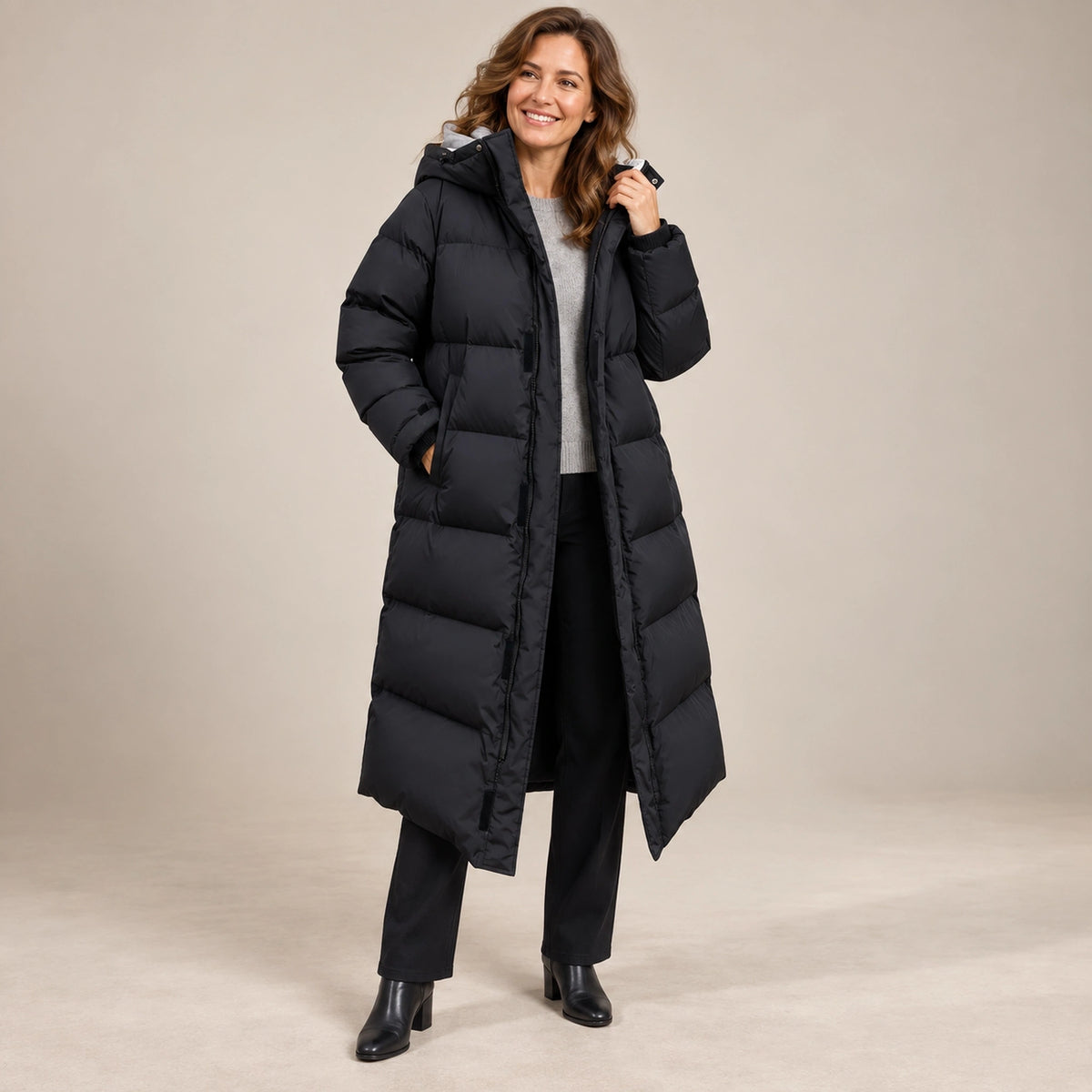 puffer jacket — Usa and Canada October–December alternate angle; Black; complete product worn by a happy adult model — view 4