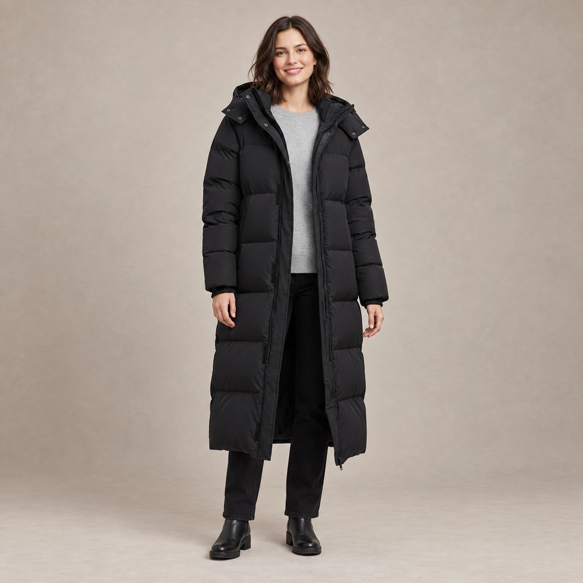 puffer jacket — Image; full front view; Black; complete product worn by a happy adult model