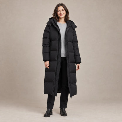 puffer jacket — Image; full front view; Black; complete product worn by a happy adult model