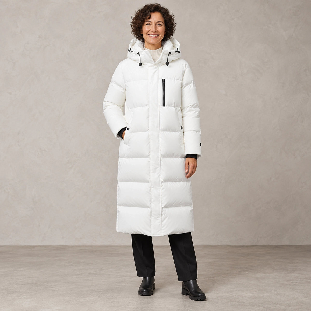 puffer jacket — Full front view; White; complete product worn by a happy adult model — view 2