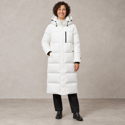 puffer jacket — Full front view; White; complete product worn by a happy adult model — view 2