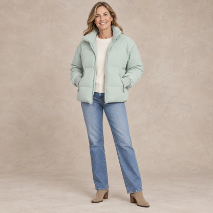 puffer jacket — Image; full front view; Light Green; complete product worn by a happy adult model