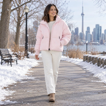 puffer jacket — Usa and Canada October–December 2; Light Pink; complete product worn by a happy adult model — view 10
