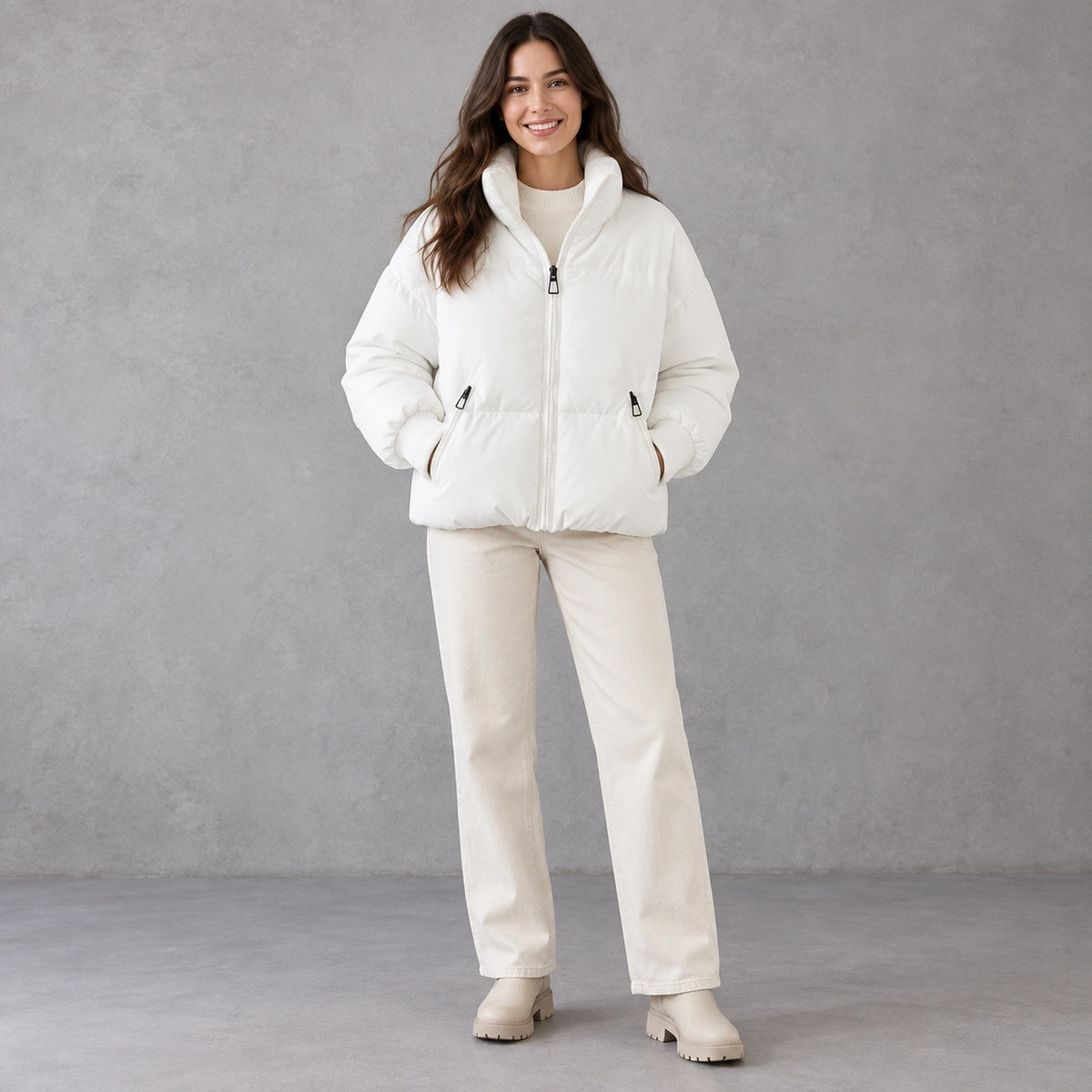 puffer jacket — Full front view; White; complete product worn by a happy adult model — view 2