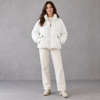 puffer jacket — Full front view; White; complete product worn by a happy adult model — view 2