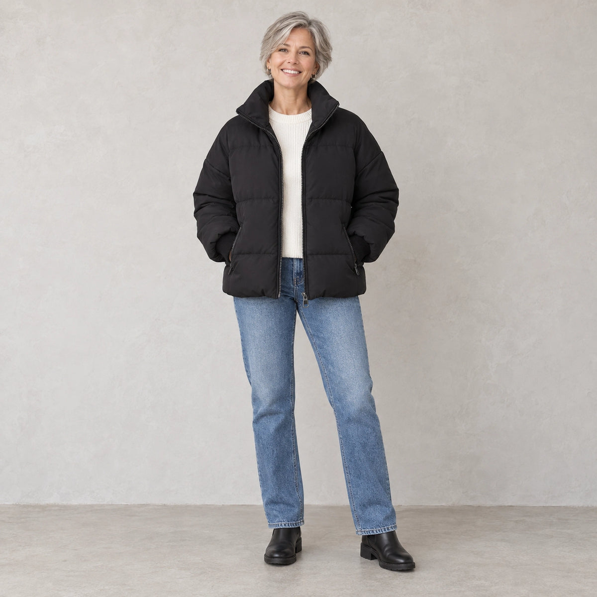 puffer jacket — Full front view; Black; complete product worn by a happy adult model — view 3