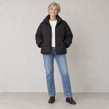 puffer jacket — Full front view; Black; complete product worn by a happy adult model — view 3