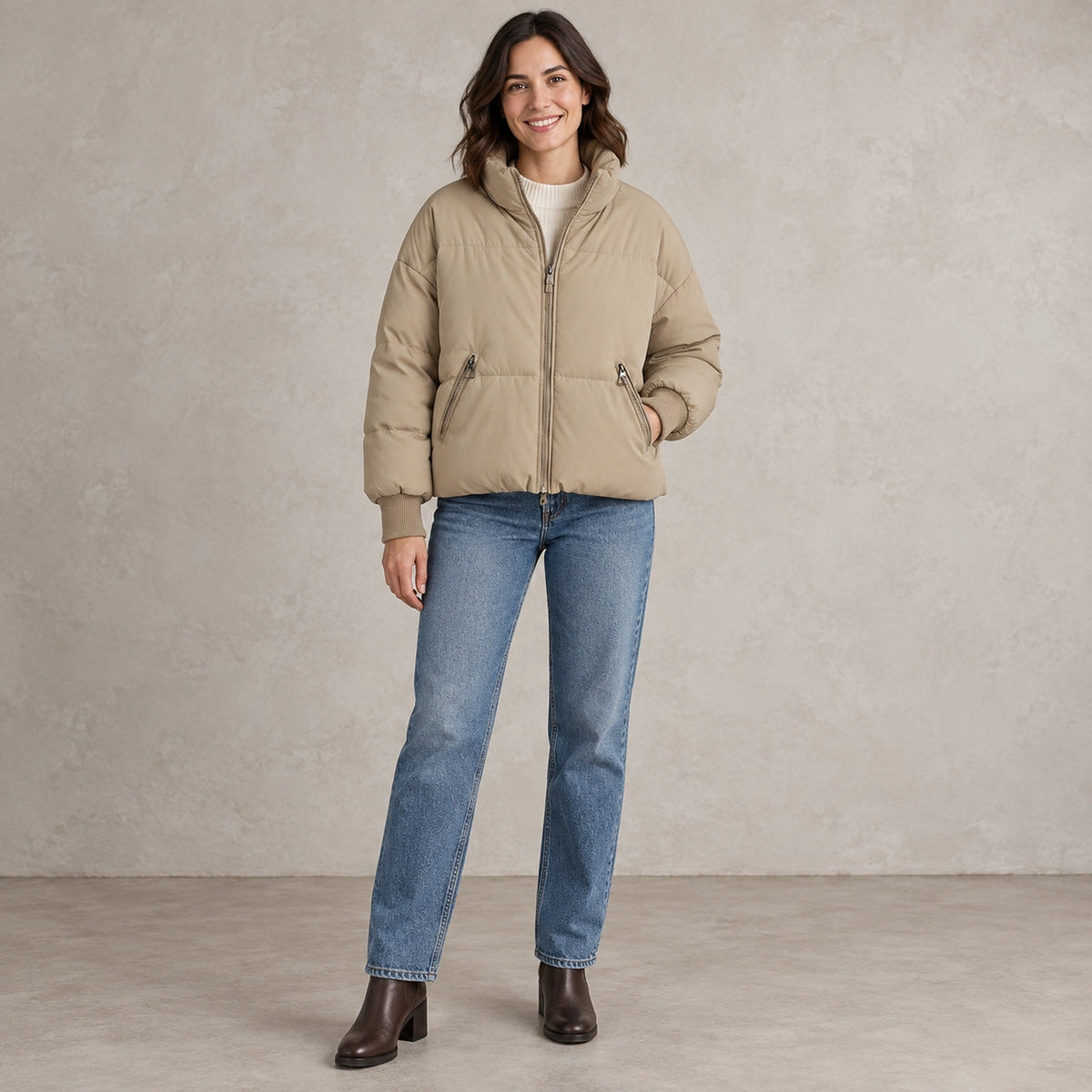 puffer jacket — Full front view; Khaki; complete product worn by a happy adult model — view 4