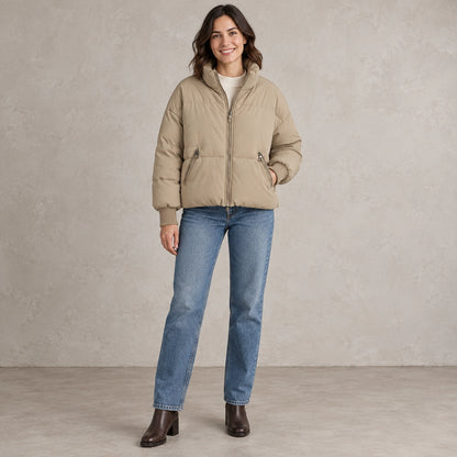 puffer jacket — Full front view; Khaki; complete product worn by a happy adult model — view 4