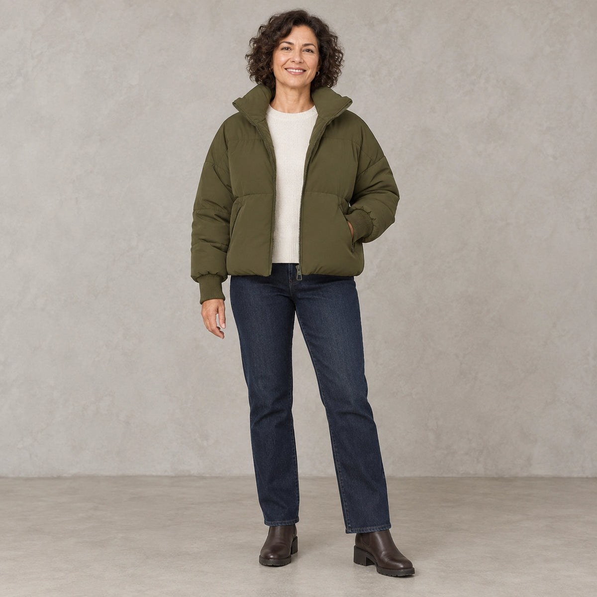 puffer jacket — Full front view; Olive Green; complete product worn by a happy adult model — view 5