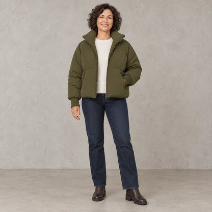 puffer jacket — Full front view; Olive Green; complete product worn by a happy adult model — view 5