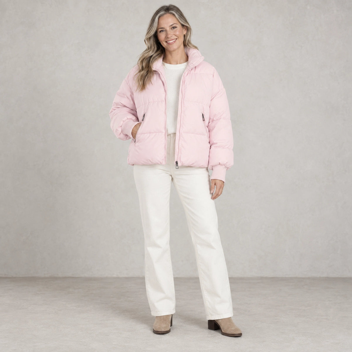 puffer jacket — Full front view; Light Pink; complete product worn by a happy adult model — view 6