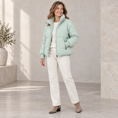 puffer jacket — Usa and Canada October–December three quarter view; Light Green; complete product worn by a happy — view 7