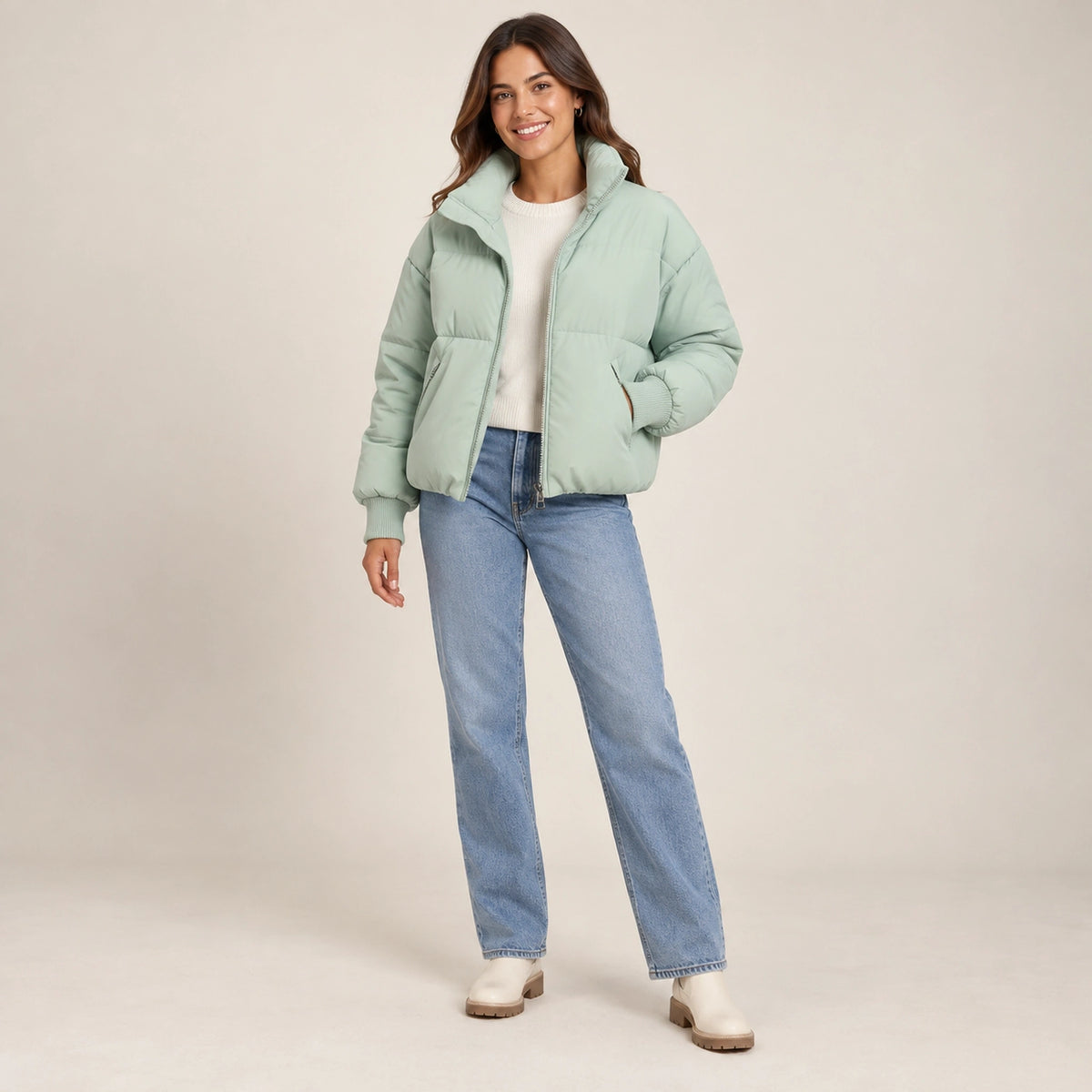 puffer jacket — Usa and Canada October–December alternate angle; Light Green; complete product worn by a happy adult — view 8