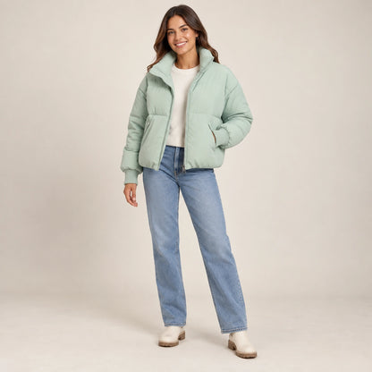 puffer jacket — Usa and Canada October–December alternate angle; Light Green; complete product worn by a happy adult — view 8