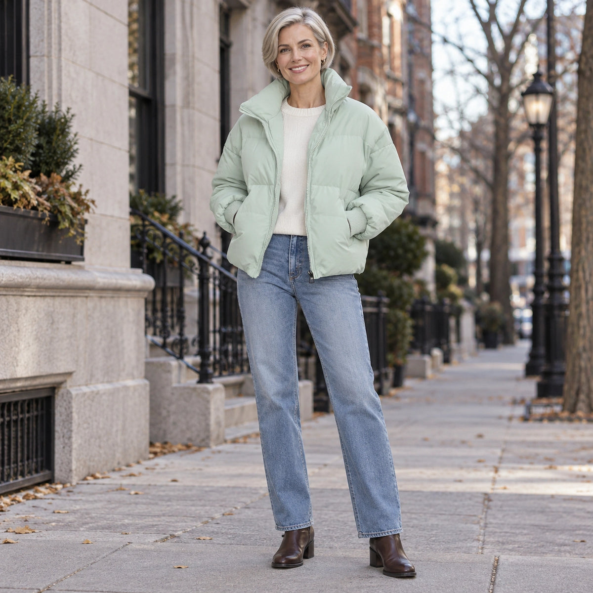 puffer jacket — Usa and Canada October–December 1; Light Green; complete product worn by a happy adult model — view 9