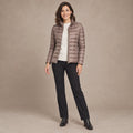 puffer jacket — Image; full front view; Taupe; complete product worn by a happy adult model