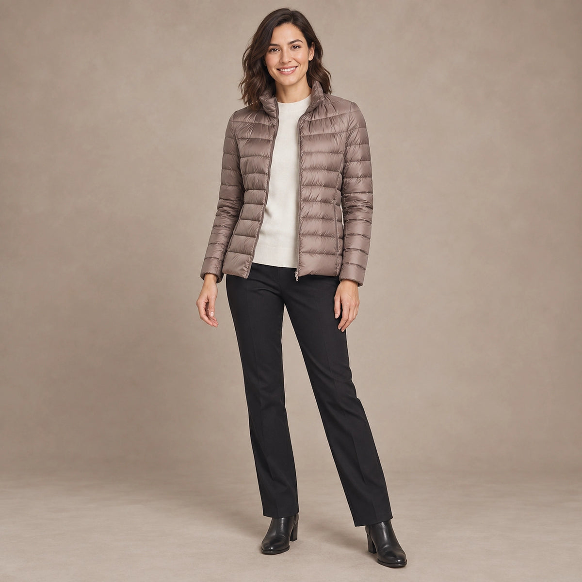 puffer jacket — Image; full front view; Taupe; complete product worn by a happy adult model