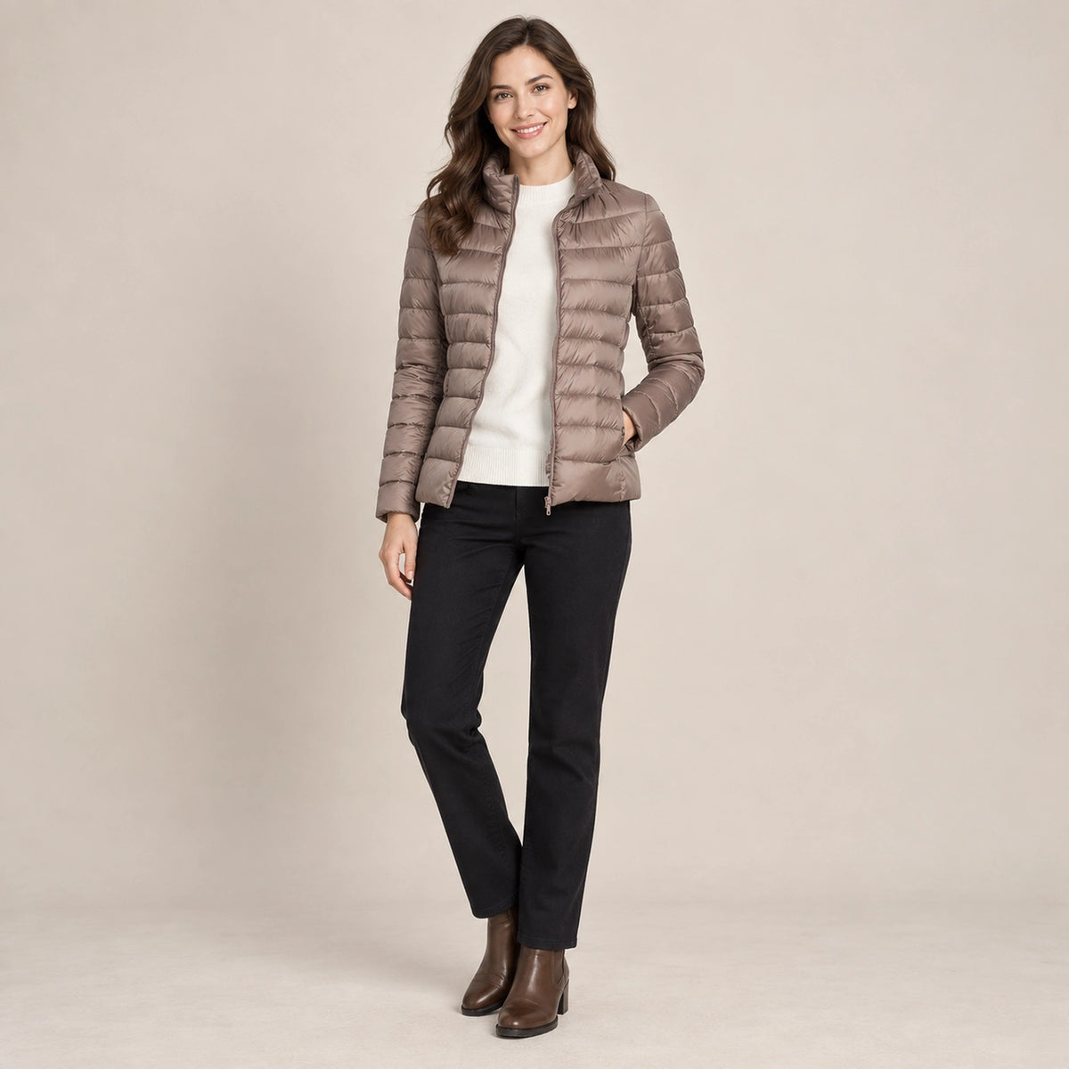 puffer jacket — Usa and Canada October–December alternate angle; Taupe; complete product worn by a happy adult — view 11