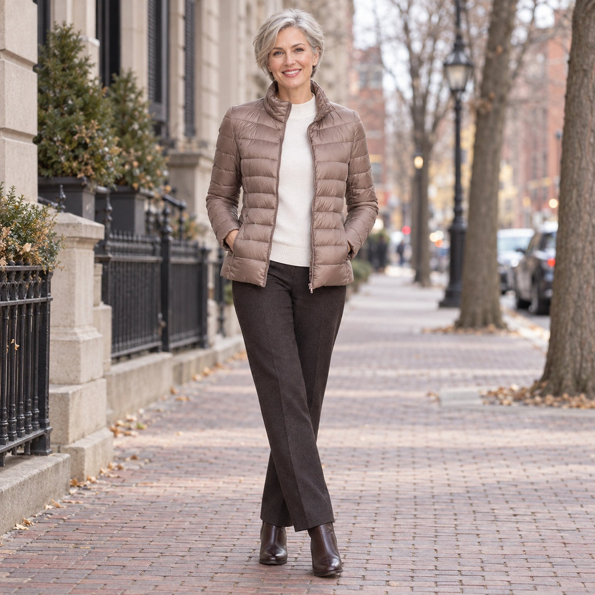 puffer jacket — Usa and Canada October–December 1; Taupe; complete product worn by a happy adult model — view 12