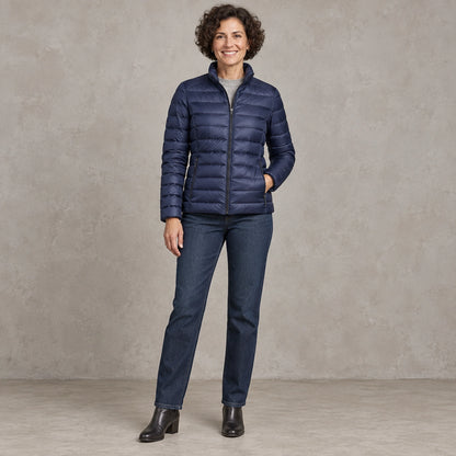 puffer jacket — Full front view; Navy Blue; complete product worn by a happy adult model — view 2