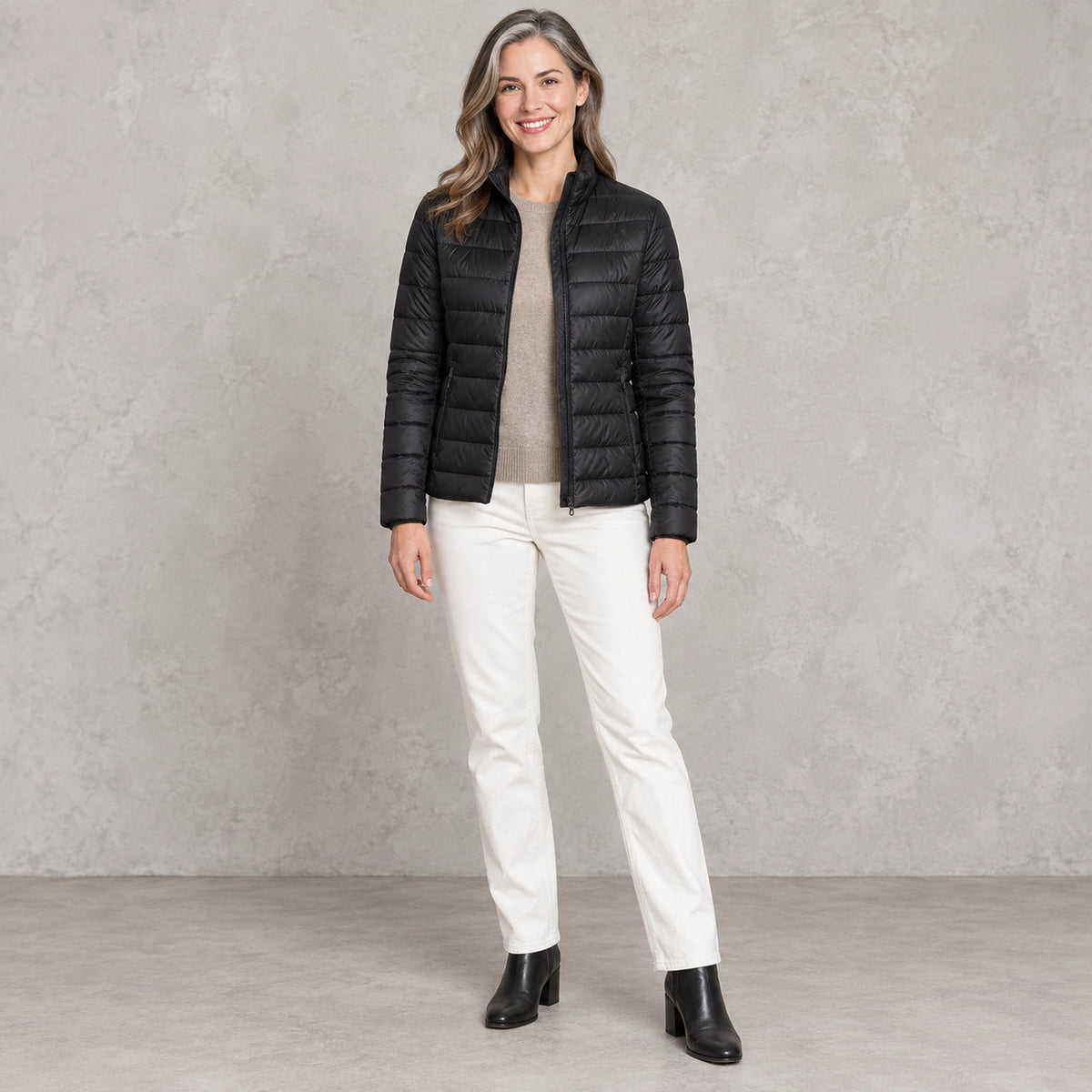 puffer jacket — Full front view; Black; complete product worn by a happy adult model — view 3