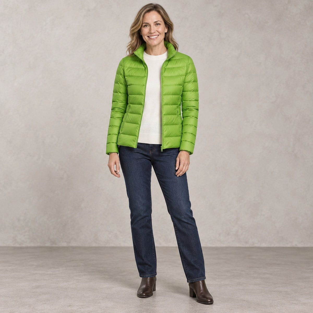 puffer jacket — Full front view; Apple Green; complete product worn by a happy adult model — view 4