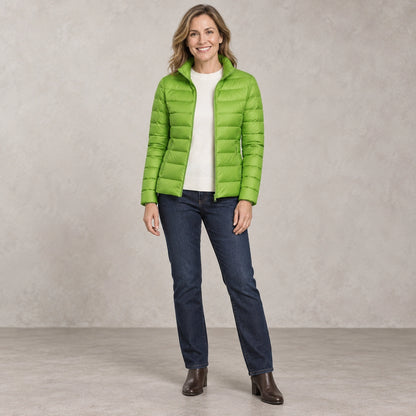puffer jacket — Full front view; Apple Green; complete product worn by a happy adult model — view 4